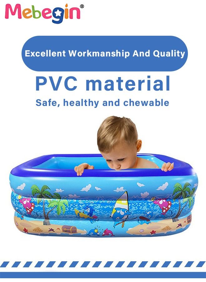 130*97*58cm Rectangle Shape Inflatable Swimming Pool with 15 Animal Figures, Thickened Paddling Pool with Inflatable Safety Bubble Bottom, Durable Multifunctional Blow up Pool, Family Lounge Pool, Ideal Choice for Indoor Entertainment and Outdoor Activities