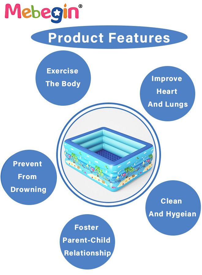 130*97*58cm Rectangle Shape Inflatable Swimming Pool with 15 Animal Figures, Thickened Paddling Pool with Inflatable Safety Bubble Bottom, Durable Multifunctional Blow up Pool, Family Lounge Pool, Ideal Choice for Indoor Entertainment and Outdoor Activities