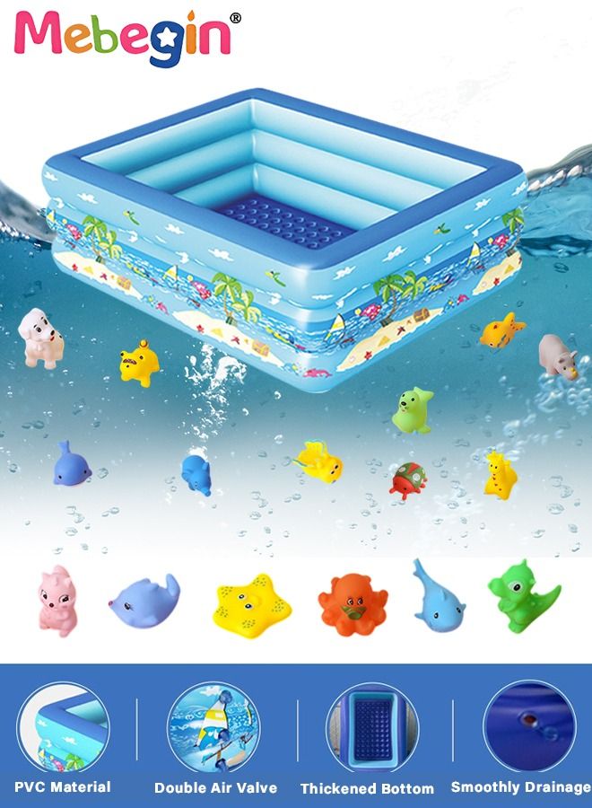 130*97*58cm Rectangle Shape Inflatable Swimming Pool with 15 Animal Figures, Thickened Paddling Pool with Inflatable Safety Bubble Bottom, Durable Multifunctional Blow up Pool, Family Lounge Pool, Ideal Choice for Indoor Entertainment and Outdoor Activities
