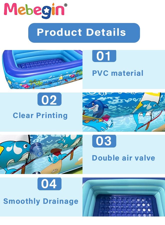130*97*58cm Rectangle Shape Inflatable Swimming Pool with 15 Animal Figures, Thickened Paddling Pool with Inflatable Safety Bubble Bottom, Durable Multifunctional Blow up Pool, Family Lounge Pool, Ideal Choice for Indoor Entertainment and Outdoor Activities
