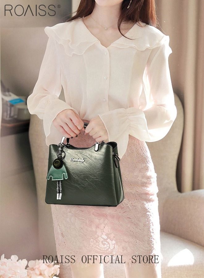 Retro Elegant Handbag Advanced Leather Unique Chic All-match Large Capacity One Shoulder/Crossbody Messenger Bag for Women/Mother/Girl Friend Gift Waterproof Green