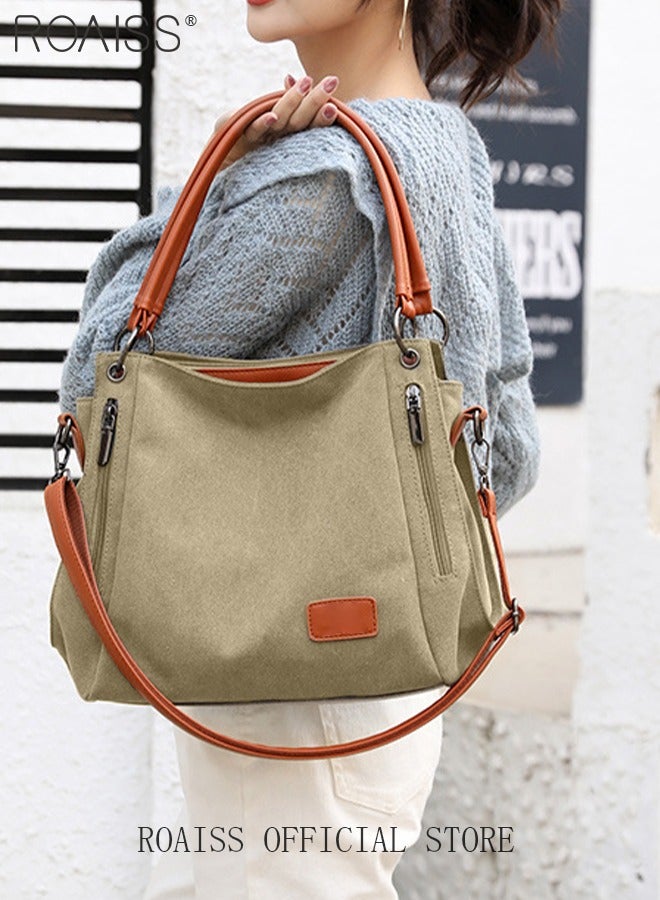 Large Capacity Shoulder Tote Bag Casual Canvas Handbag Crossbody with Long Strap Multi Pocket for Young Women Teenagers School