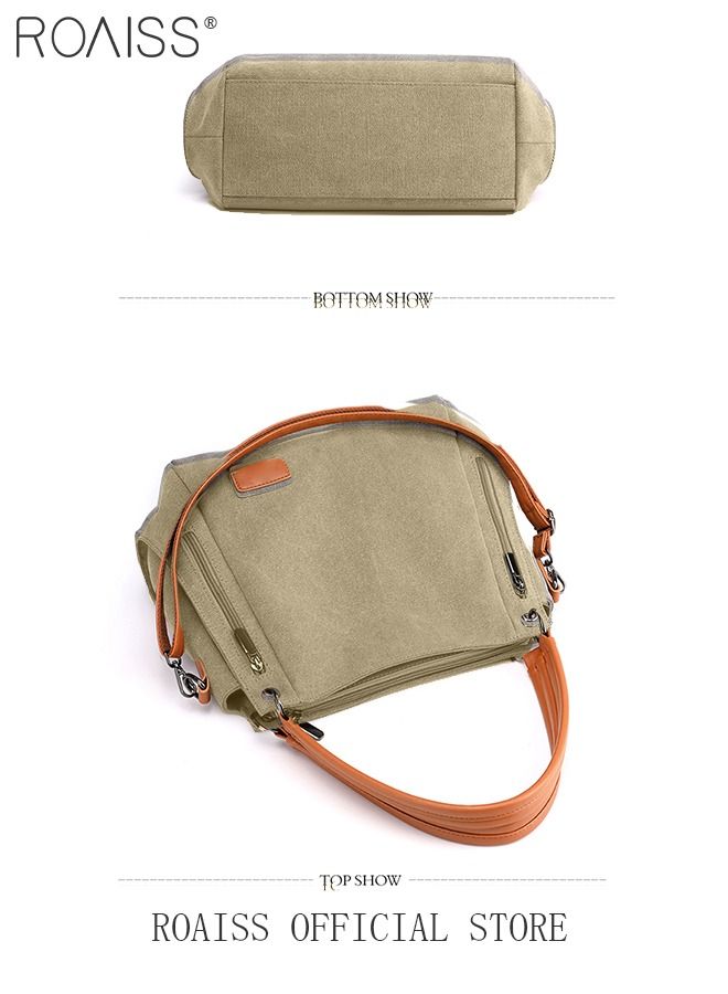 Large Capacity Shoulder Tote Bag Casual Canvas Handbag Crossbody with Long Strap Multi Pocket for Young Women Teenagers School