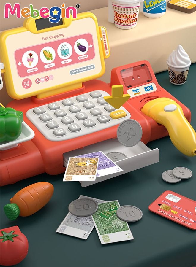 Toys Pretend Play Calculator Cash Register with Scanner, Microphone, Play Food, Supermarket Cashier, Great Pre-School Gift for Kids, Toddlers, Boys Girls Birthday Gift