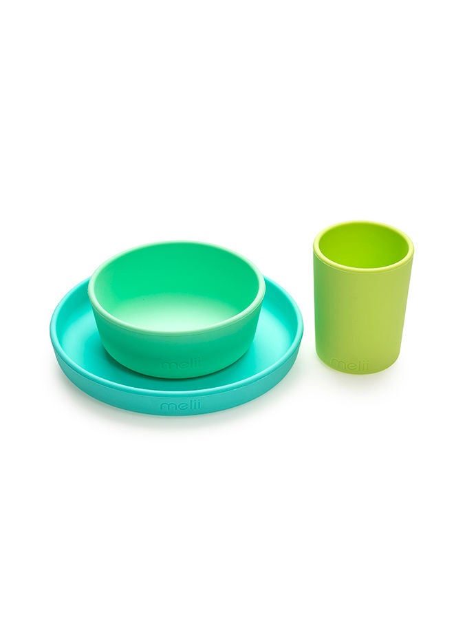 Non-Suction Silicone Plate, Bowl And Cup Set - Lime, Mint, Blue