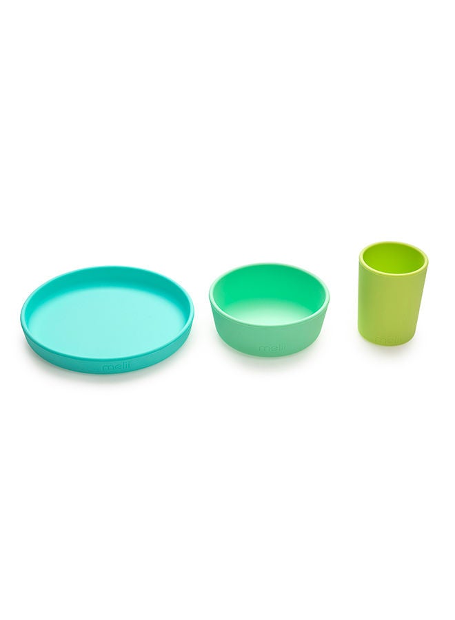 Non-Suction Silicone Plate, Bowl And Cup Set - Lime, Mint, Blue