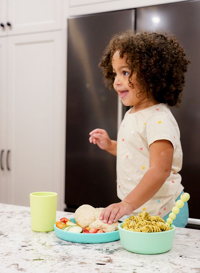 Non-Suction Silicone Plate, Bowl And Cup Set - Lime, Mint, Blue