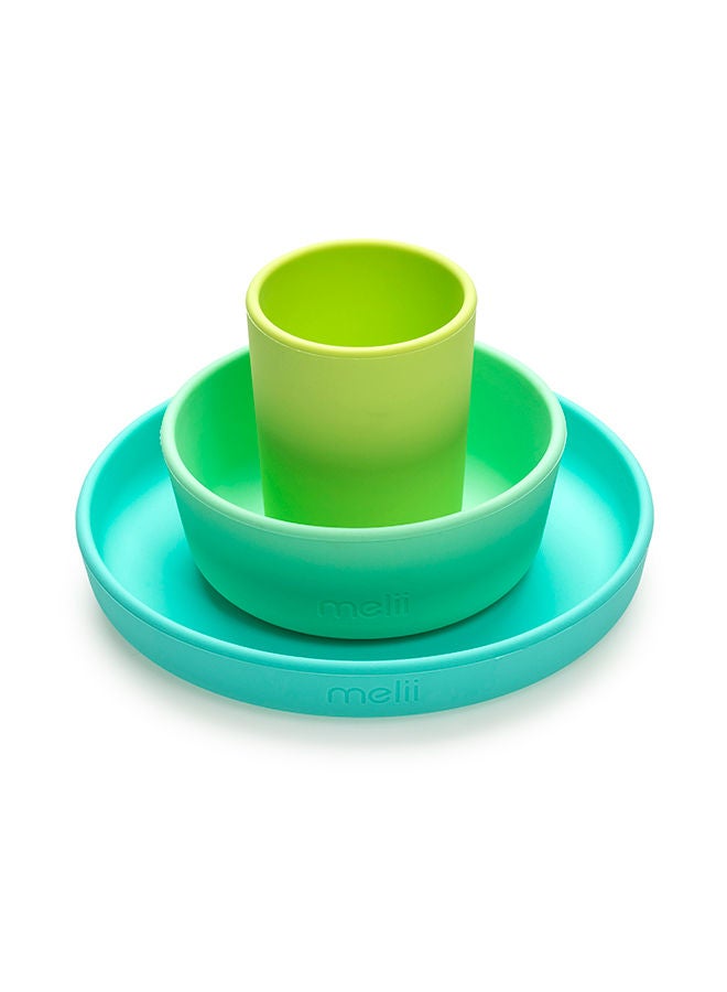 Non-Suction Silicone Plate, Bowl And Cup Set - Lime, Mint, Blue