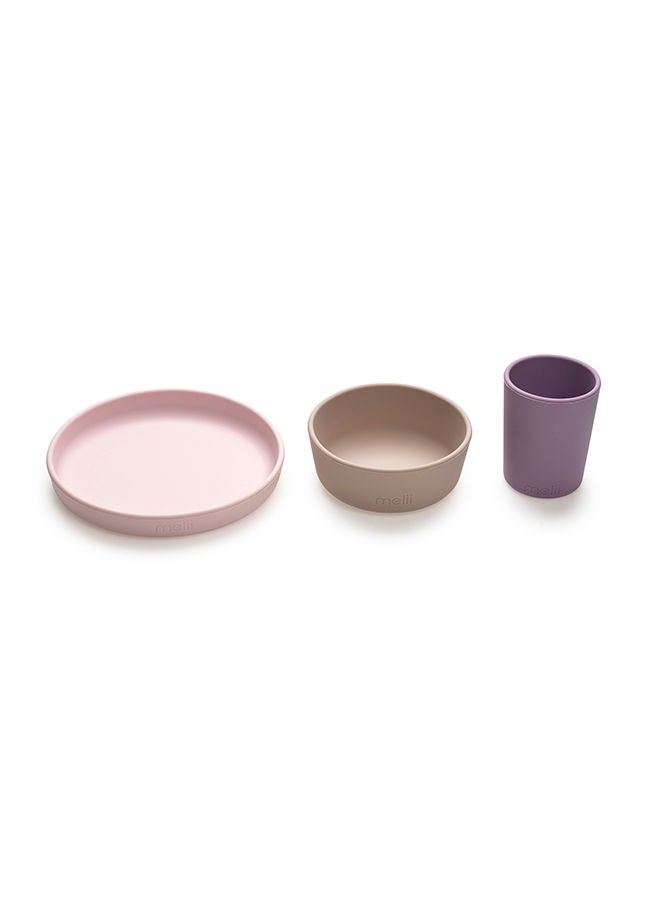 Non-Suction Silicone Plate, Bowl And Cup Set - Purple, Grey, Pink