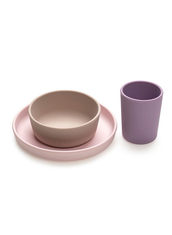 Non-Suction Silicone Plate, Bowl And Cup Set - Purple, Grey, Pink