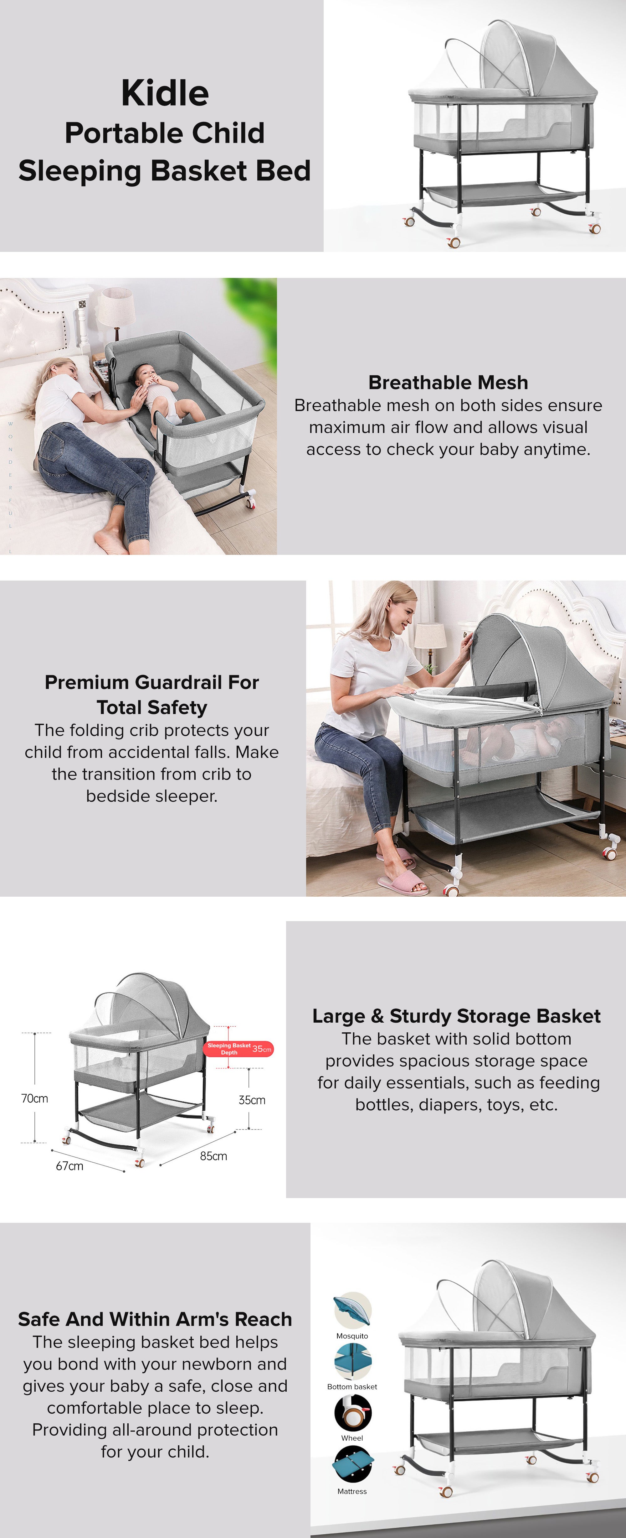 Grey Portable Child Sleeping Basket Bed European Style Folding Crib 9 12 Months