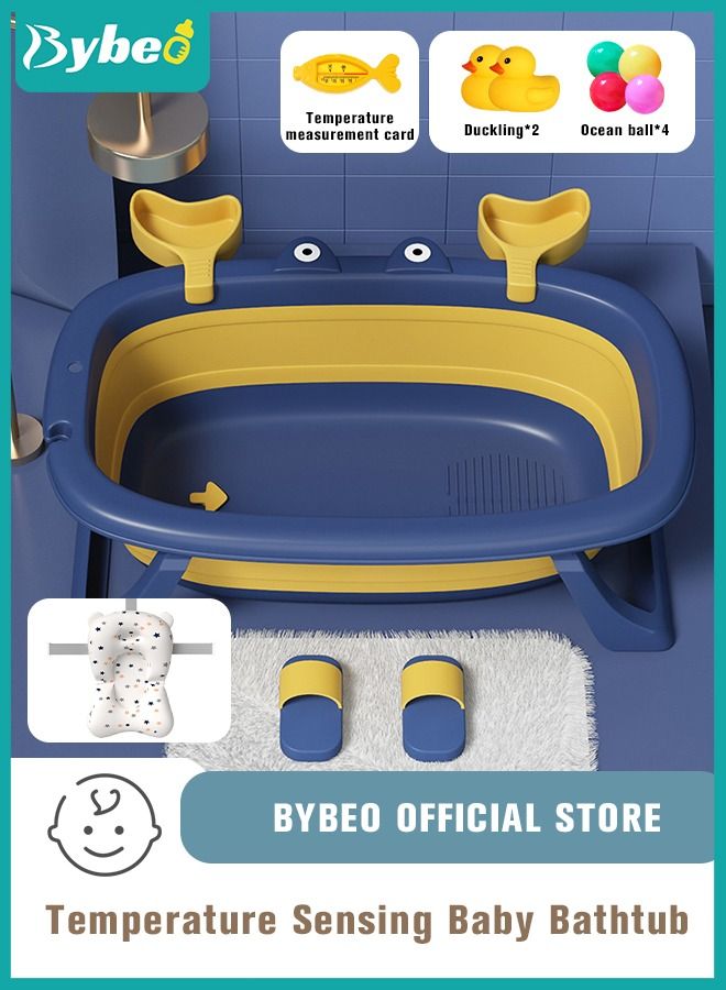 9 PCS Cute Crab Design Baby Bath Tub Foldable Bathtub + Bathmat Cushion + Temperature measurement card*1 + Duckling toys *2 + Ocean Balls *4