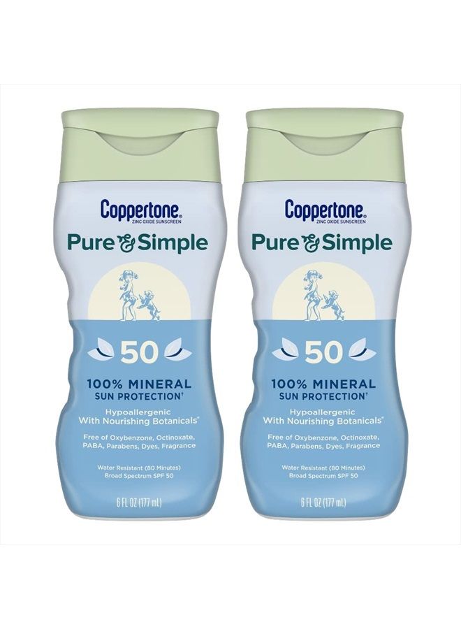 Pure and Simple Sunscreen Lotion, SPF 50 Broad Spectrum Sunscreen with Zinc Oxide, 6 Oz, Pack of 2