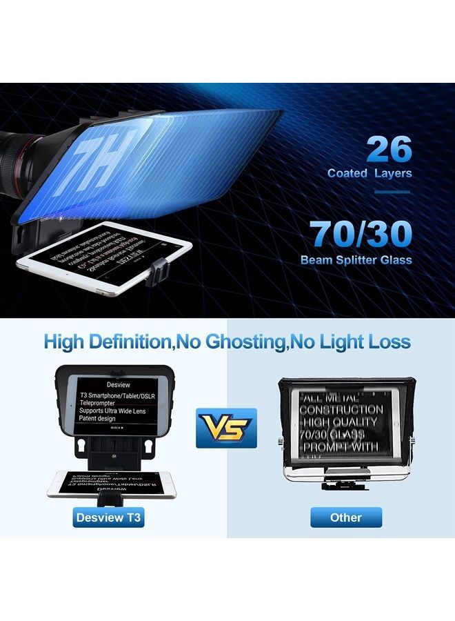 T3 Teleprompter for iPad Tablet iPhone up to 11 inch, High Definition 70/30 Beam Splitter Glass with Remote Control for DSLR Camera Smartphone Video Recording (9 Lens Adapter Ring)