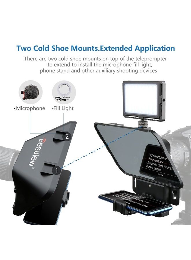 T3 Teleprompter for iPad Tablet iPhone up to 11 inch, High Definition 70/30 Beam Splitter Glass with Remote Control for DSLR Camera Smartphone Video Recording (9 Lens Adapter Ring)