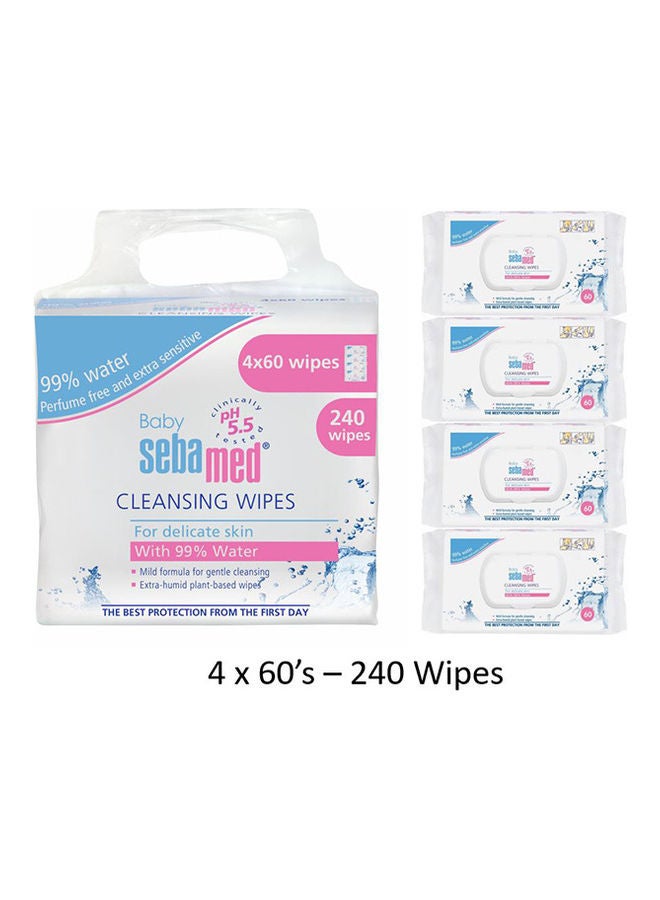 Baby Cleansing Wipes With 99% Water, 4 x 60's - 240 Count