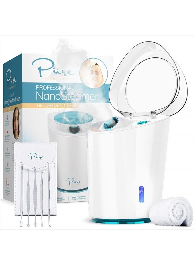 NanoSteamer PRO Professional 4-in-1 Nano Ionic Facial Steamer for Spas - 30 Min Steam Time - Humidifier - Unclogs Pores - Blackheads - Spa Quality - 5 Piece Stainless Steel Skin Kit Included