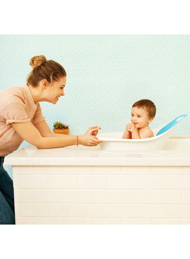 Sit and Soak Baby Bath Tub with Built-In Support Bump and Padded Foam Back Rest, Bonus Pull-Tab Drain and Storage Hook, 0-12 Months, White