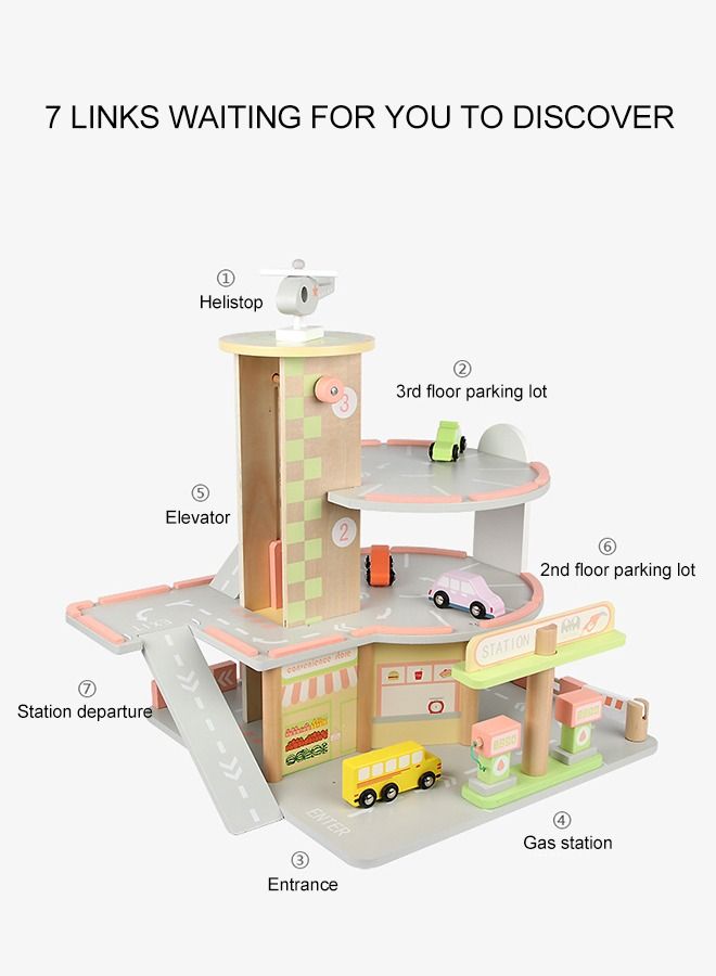 Kids Toy Parking Slot Educational 3 Storey Sliding Car Simulation Mini Garage Wooden Toys