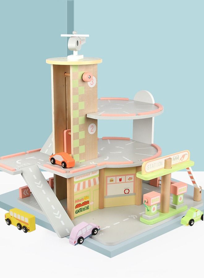 Kids Toy Parking Slot Educational 3 Storey Sliding Car Simulation Mini Garage Wooden Toys