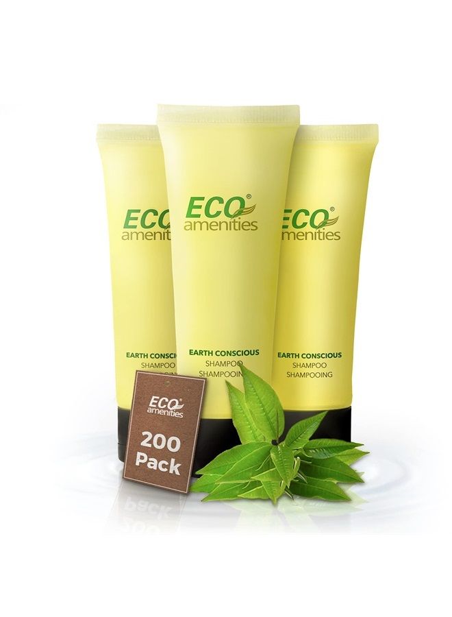 Travel Size Shampoo Bulk - 200 PACK, 30mL, 1 oz Hotel Shampoo Supplies for Guests - Green Tea Scent Eco Shampoo, Mini Shampoo with Flip Cap and Biodegradable Clear Container