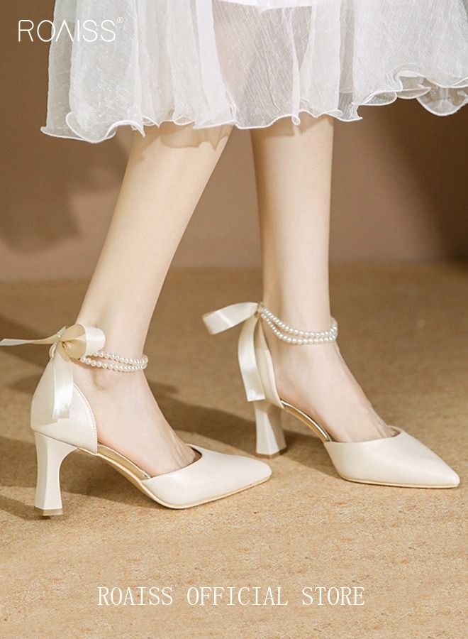 Pearl Lace-Up High Heels Chunky Heel Sandals for Women and Ladies Luxury Shoes New Arrival Wedding Bridal Shoes Bridesmaid Shoes