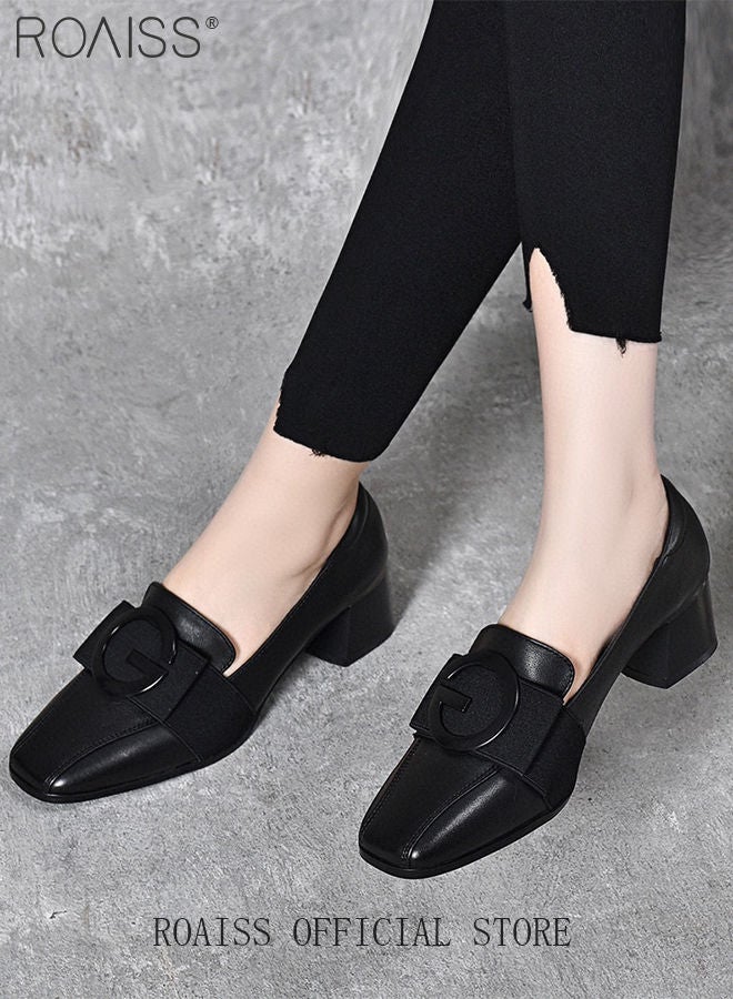 Fashion Office Ladies Shoes Women Pu Leather Pumps Shoes British Style Square Toe Leather Shoes Mid Heel Chunky Heel Women's Shoes