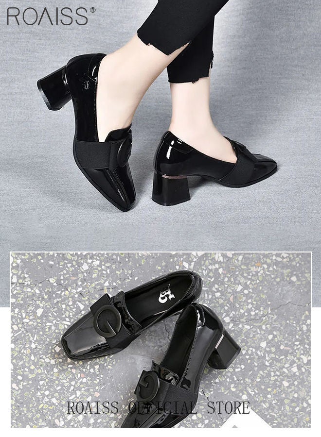 Fashion Office Ladies Shoes Women Pu Leather Pumps Shoes British Style Square Toe Leather Shoes Mid Heel Chunky Heel Women's Shoes