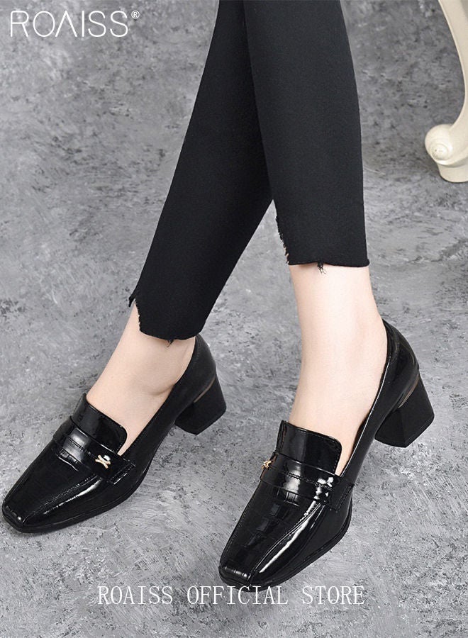 Fashion Office Ladies Shoes Women Pu Leather Pumps Shoes British Style Square Toe Leather Shoes Mid Heel Chunky Heel Women's Shoes