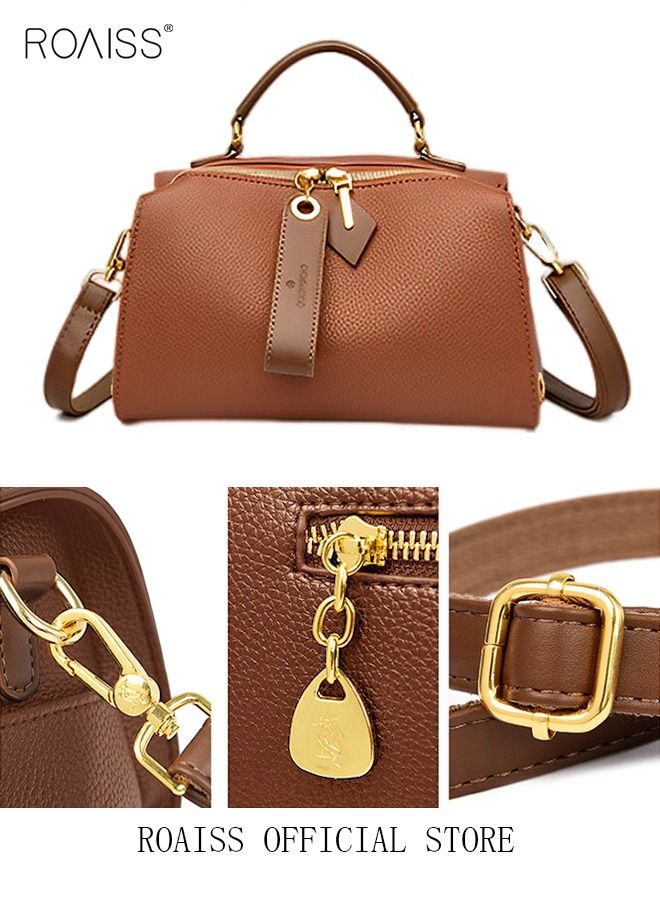 Women's New Fashion Bags Soft Leather Simple Classic Crossbody Bag Double Layer Compartment Zippers Closure Handbag Boston Bag