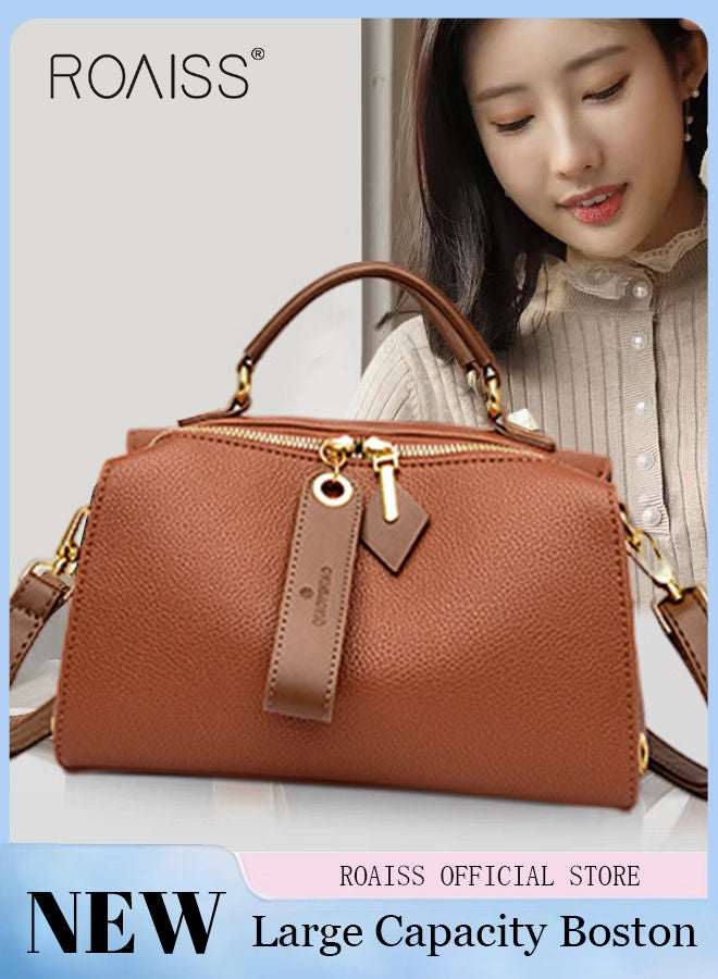 Women's New Fashion Bags Soft Leather Simple Classic Crossbody Bag Double Layer Compartment Zippers Closure Handbag Boston Bag