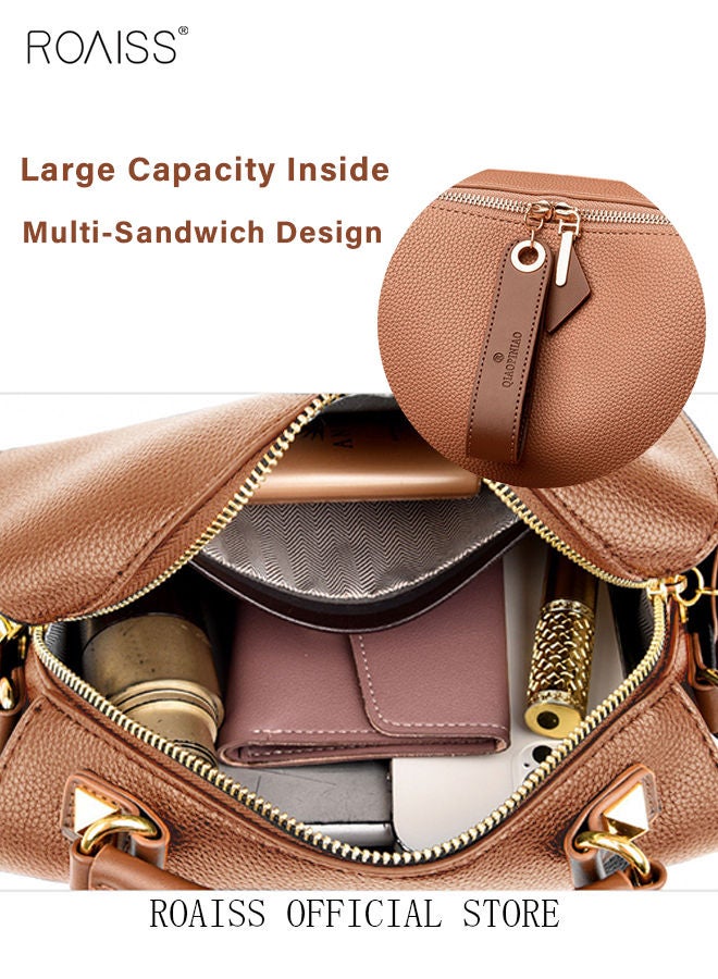 Women's New Fashion Bags Soft Leather Simple Classic Crossbody Bag Double Layer Compartment Zippers Closure Handbag Boston Bag