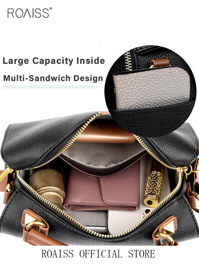 Women's New Fashion Bags Soft Leather Simple Classic Crossbody Bag Double Layer Compartment Zippers Closure Handbag Boston Bag