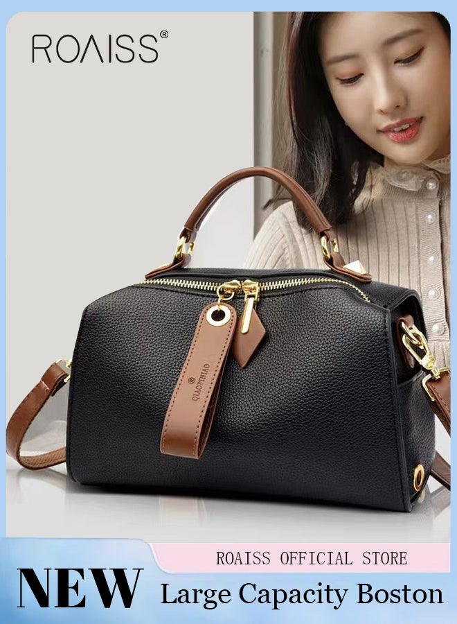 Women's New Fashion Bags Soft Leather Simple Classic Crossbody Bag Double Layer Compartment Zippers Closure Handbag Boston Bag