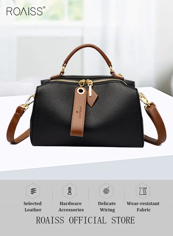 Women's New Fashion Bags Soft Leather Simple Classic Crossbody Bag Double Layer Compartment Zippers Closure Handbag Boston Bag