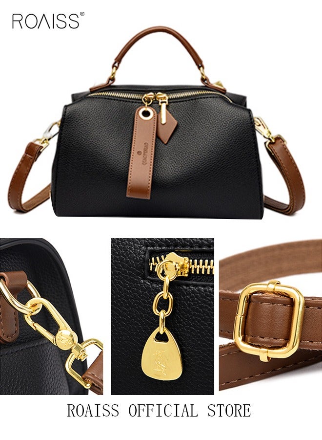 Women's New Fashion Bags Soft Leather Simple Classic Crossbody Bag Double Layer Compartment Zippers Closure Handbag Boston Bag