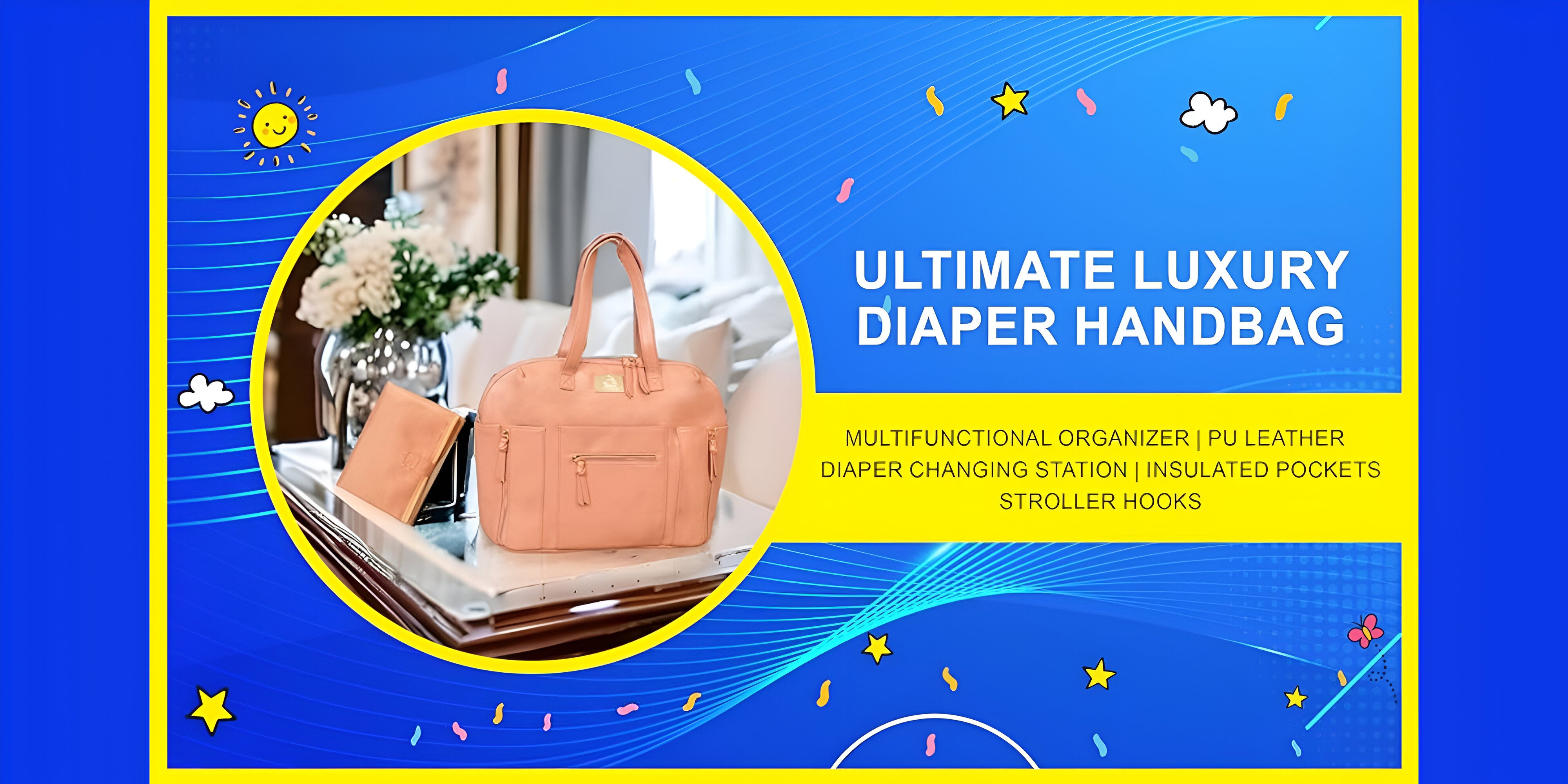 Multifunctional Organizer, PU Leather Baby Diaper Bag Women Handbag Style With Changing Station, Insulated Pockets And Stroller Hooks Pink