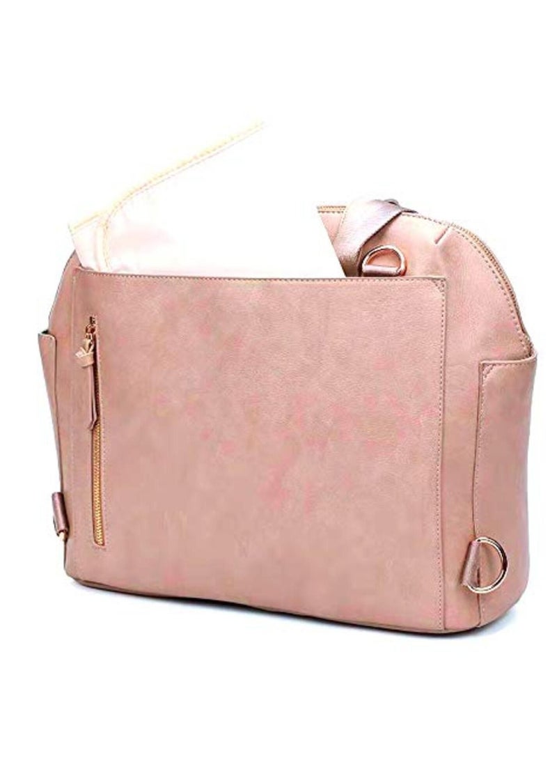 Multifunctional Organizer, PU Leather Baby Diaper Bag Women Handbag Style With Changing Station, Insulated Pockets And Stroller Hooks Pink