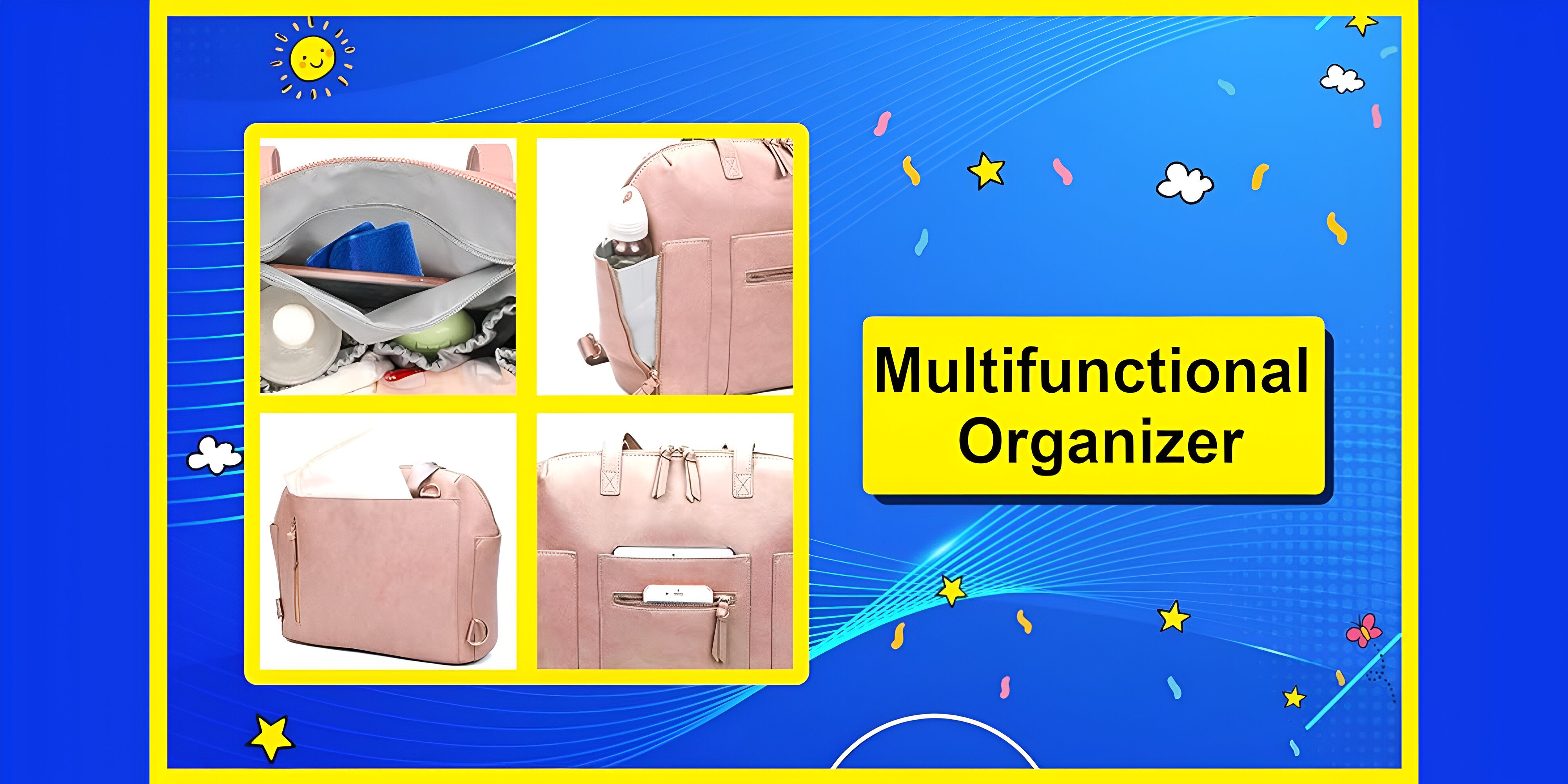 Multifunctional Organizer, PU Leather Baby Diaper Bag Women Handbag Style With Changing Station, Insulated Pockets And Stroller Hooks Pink