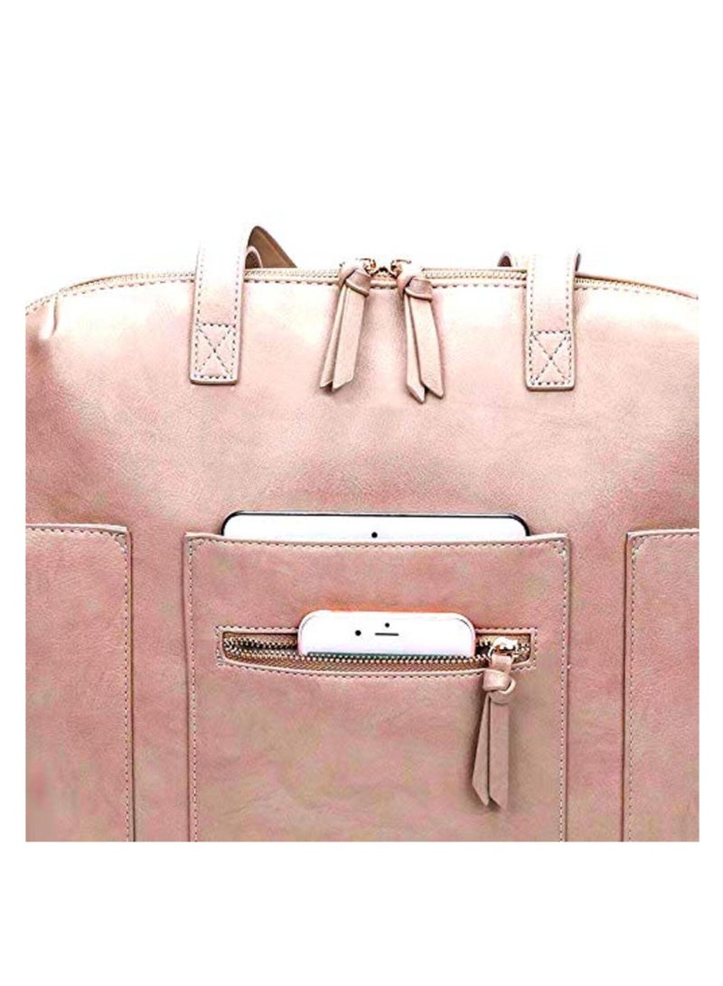 Multifunctional Organizer, PU Leather Baby Diaper Bag Women Handbag Style With Changing Station, Insulated Pockets And Stroller Hooks Pink