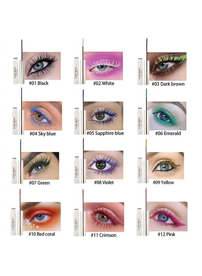 12 Color Mascara Colorful Fiber Mascara Charming Longlasting Mascara, Thick & Long Eyelash Waterproof and Smudge-proof Eyes Makeup (Dark brown)