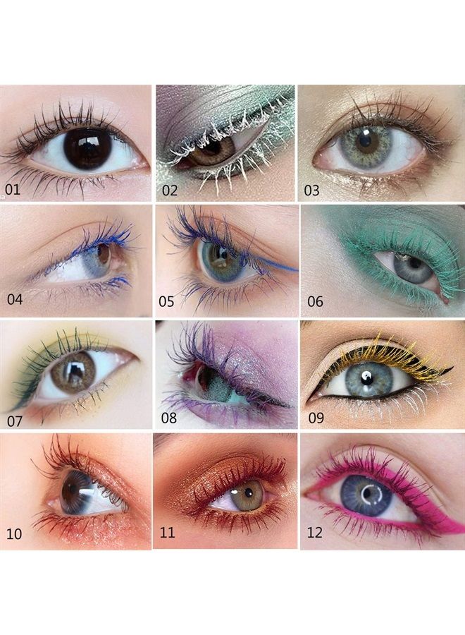 12 Color Mascara Colorful Fiber Mascara Charming Longlasting Mascara, Thick & Long Eyelash Waterproof and Smudge-proof Eyes Makeup (Dark brown)