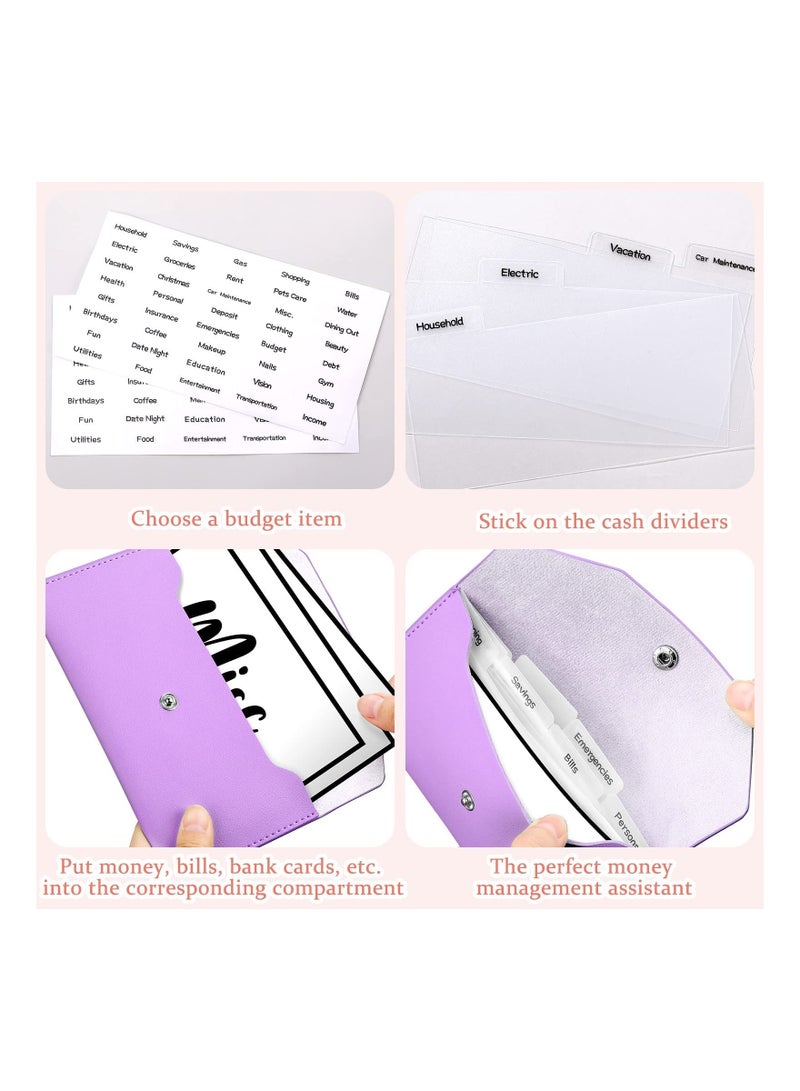 11 Pieces Cash Envelope Wallet PU Leather Cash Envelopes Cash Wallet Reusable Budget Envelope Cash Dividers for Wallets with Cash Envelope Tab Stickers for Bill Planner (Purple Wallet)