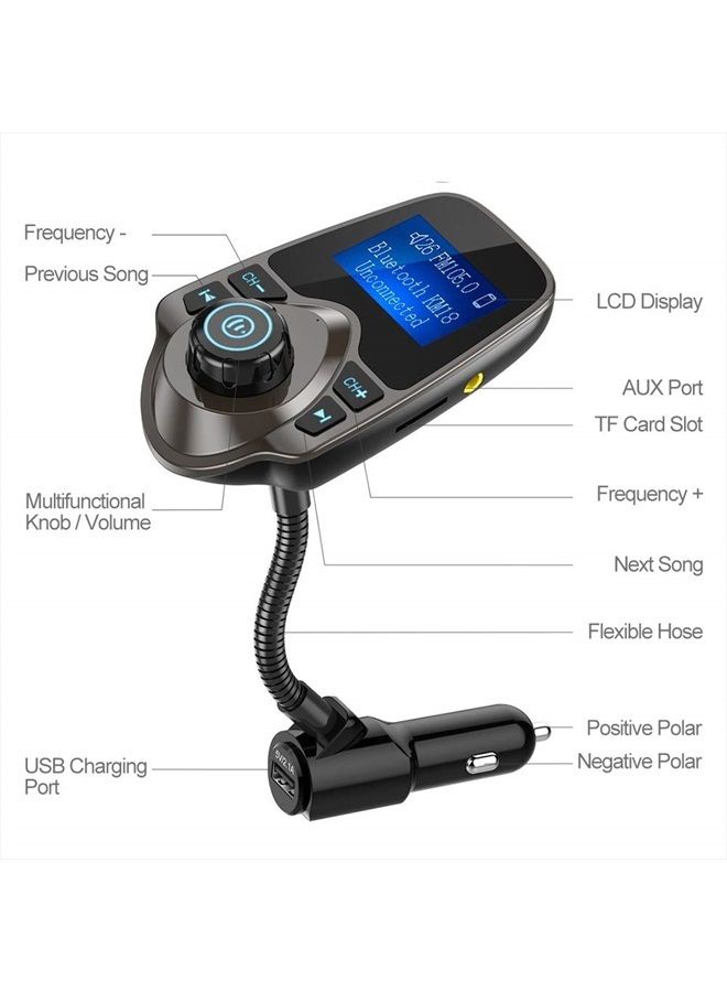 Bluetooth Car FM Transmitter Audio Adapter Receiver Wireless Handsfree Car Kit TF Card AUX 1.44 Display – KM18 Brown