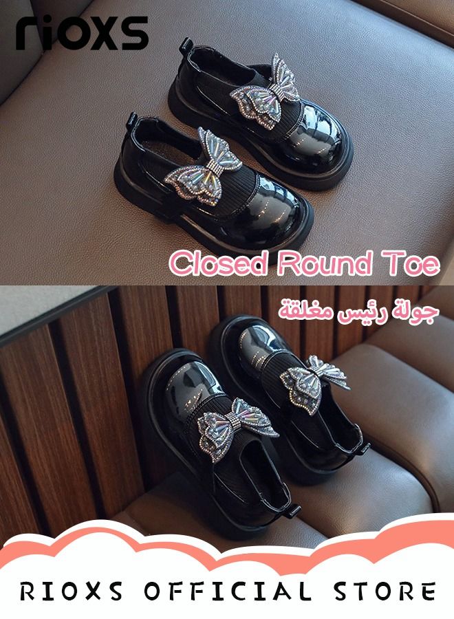 Girls' Bowknot Flat Loafers Closed Round Toe Patent Leather Fashion Slip-On Shoes Low Heel School Uniform Shoes for Special Occasions and Casual Wear