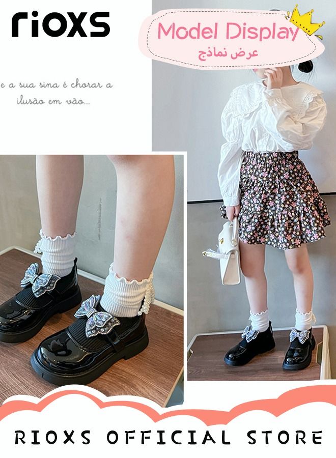 Girls' Bowknot Flat Loafers Closed Round Toe Patent Leather Fashion Slip-On Shoes Low Heel School Uniform Shoes for Special Occasions and Casual Wear