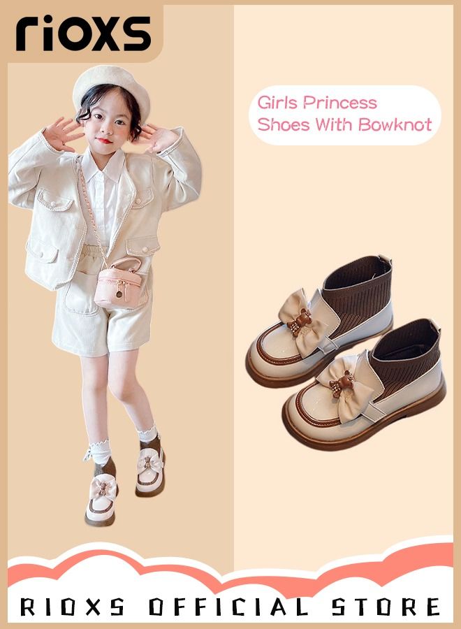 Girls' Bowknot Flat Loafers Closed Round Toe Patent Leather Fashion Slip-On Shoes Low Heel School Uniform Shoes for Special Occasions and Casual Wear