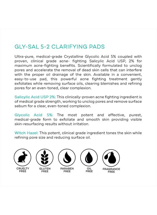 Acne Gly-Sal 5-2 Clarifying Pads – Oil Free Medical Grade Glycolic & Salicylic Acid Pore Cleansing Face Wipes – Exfoliating Breakout and Blackhead Facial Radiance Pads, 60 Ct