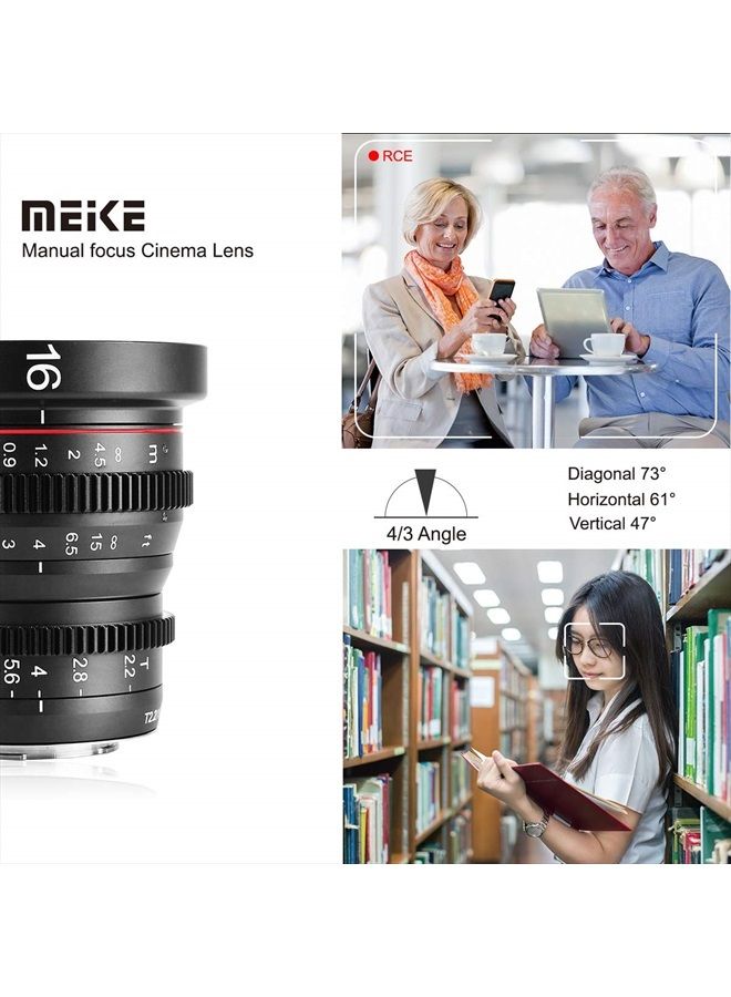16mm T2.2 Large Aperture Manual Focus Prime Low Distortion 4K Mini Cine Lens for Micro Four Thirds M4/3 MFT Compatible with Olympus/Panasonic Lumix Cameras and BMPCC 4K Zcam E2 GH5 GH6 OM-1