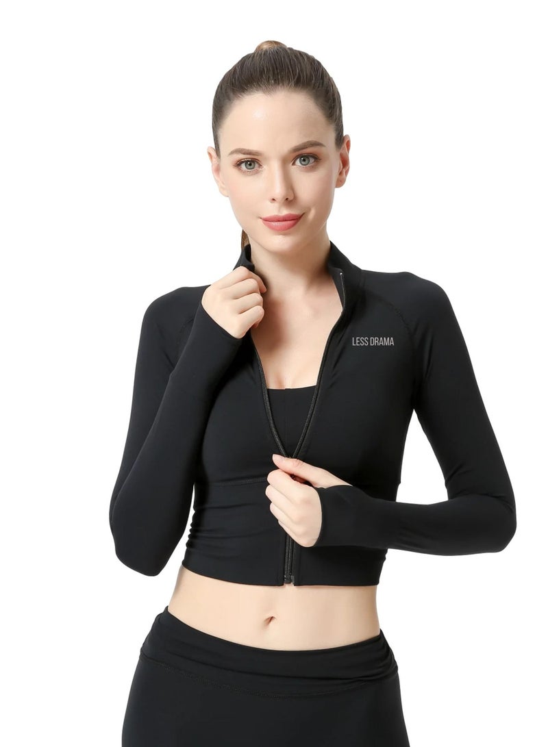 High Quality Crop Top Jacket For Women Workout Fitness Crop Tops Sweatshirt Cropped Hoodie Sports T-Shirt For High Support Activities Like Running Field Sports And Aerobics Black Color